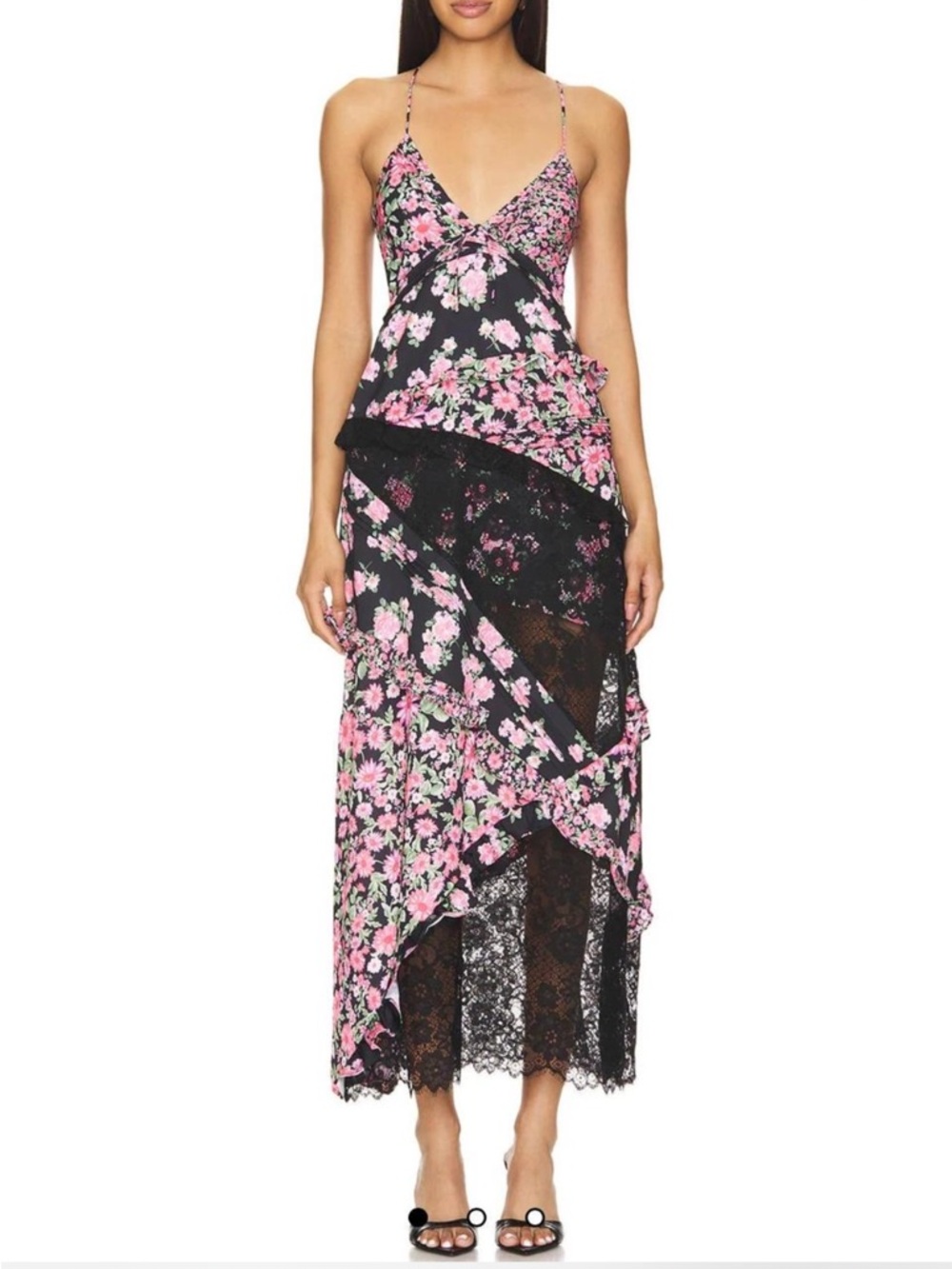 For Love & Lemons Black and Pink Rosalyn Maxi Lace and patchwork Dress SZ L